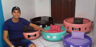 Jovem paraibano faz sucesso ao transformar pneus velhos em camas para animaizinhos