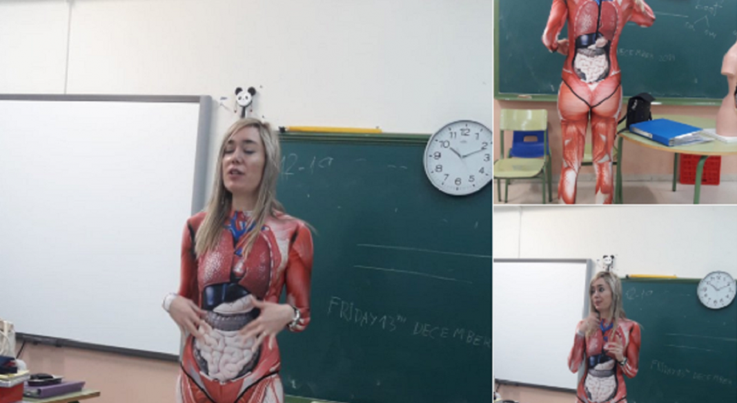 Professora se fantasia de “corpo humano” para dar aula de ciências