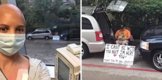 Impedido de entrar, marido faz cartaz para apoiar esposa em quimioterapia