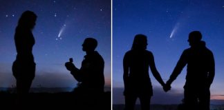 Casal fica noivo durante rara passagem de cometa