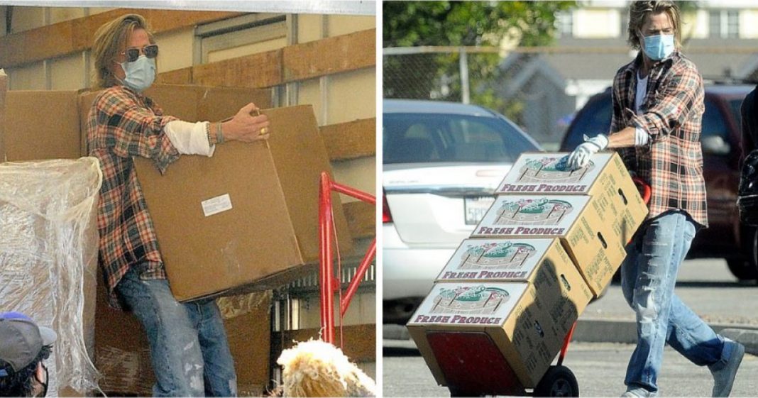 Brad Pitt entrega alimentos para pessoas carentes durante a pandemia