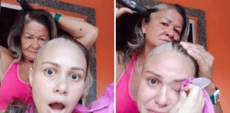 Mãe raspa o cabelo para acompanhar filha com câncer. A jovem não conseguiu conter as lágrimas