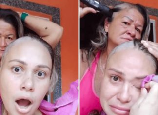 Mãe raspa o cabelo para acompanhar filha com câncer. A jovem não conseguiu conter as lágrimas